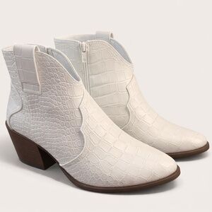 Sugar Cream Croc-Pattern Ankle Booties